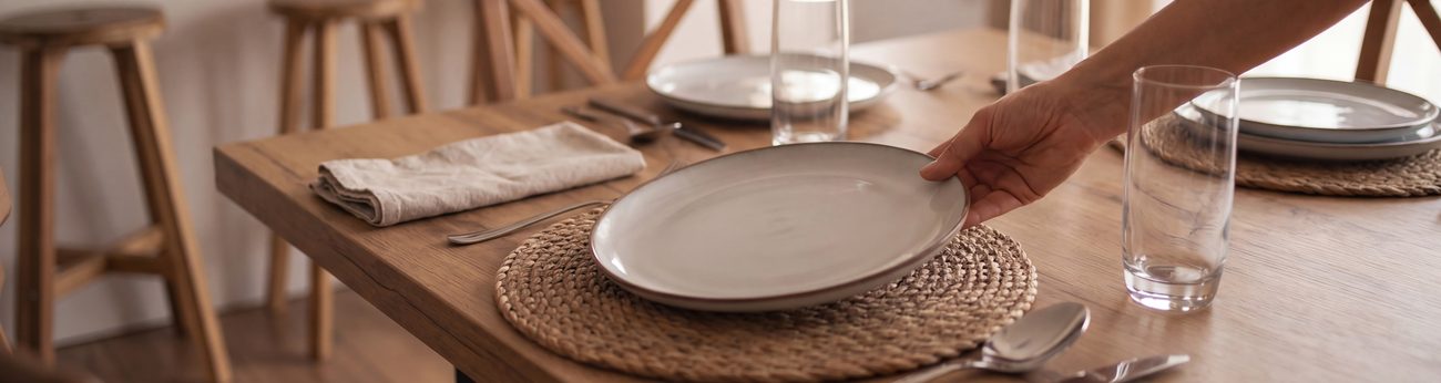 Iemand dekt de eettafel met borden en glazen